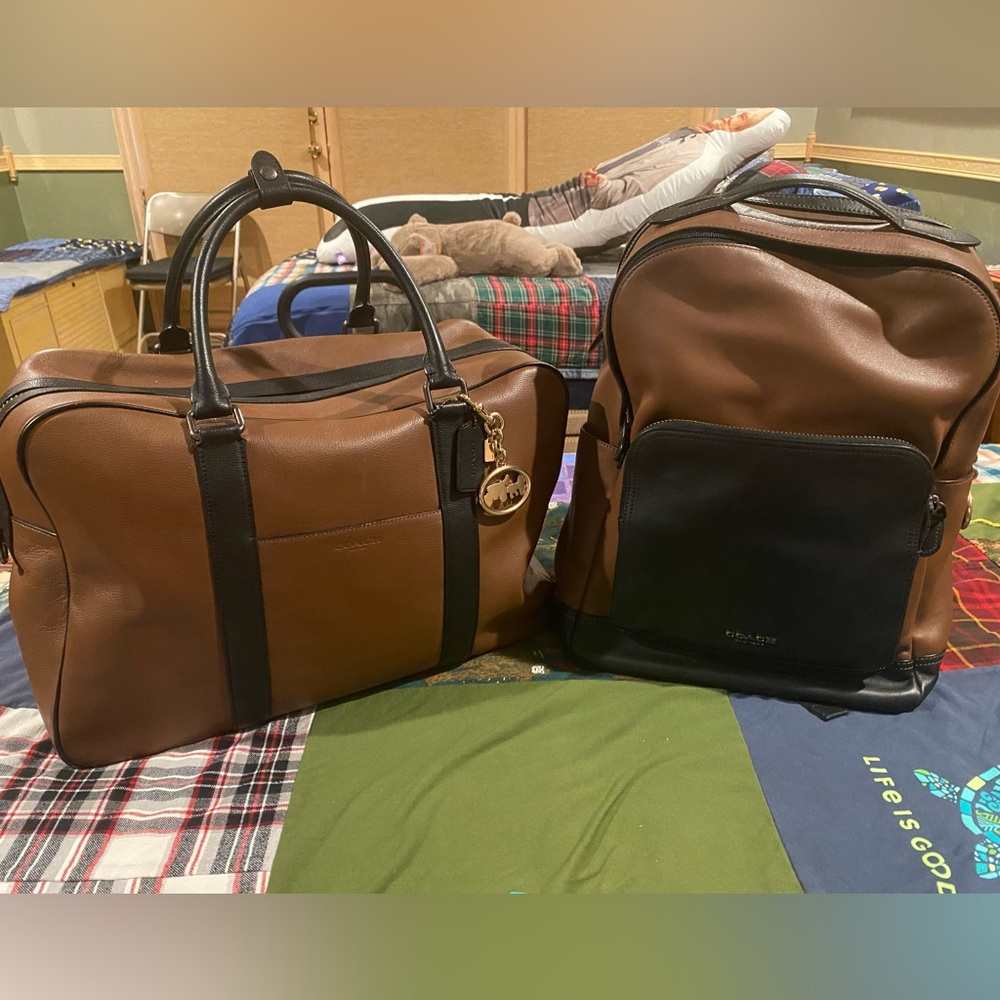 Coach Men's Brown and Black Leather Duffel Bag with Gold Charm/matching backpack